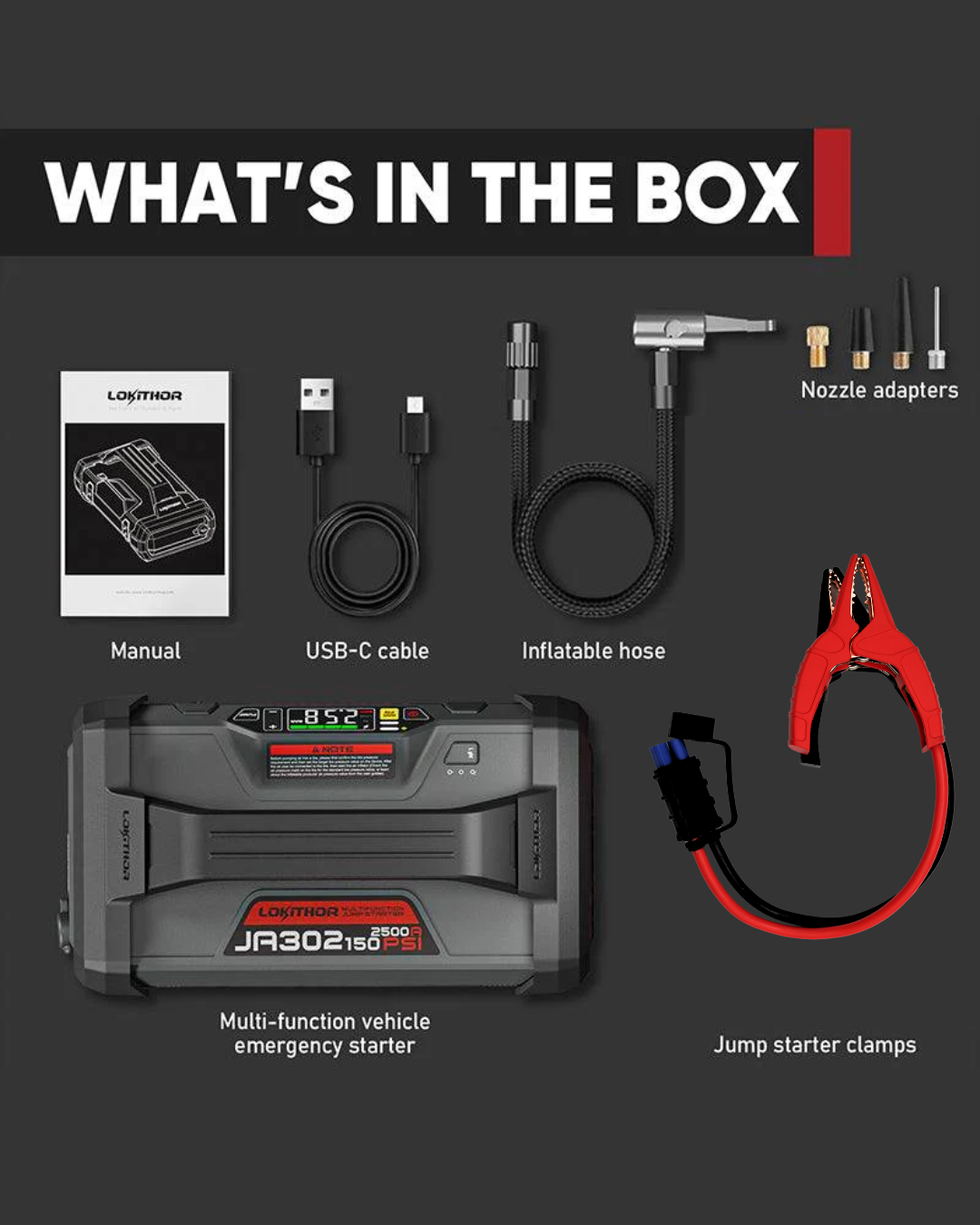 4-in-1 JUMP STARTER, AIR PUMP, POWER BANK, FLASHLIGHT